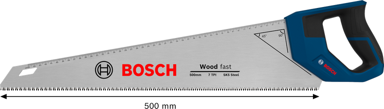 Cưa tay Bosch 550 mm với 7 răng/inch, dùng để cắt gỗ.
